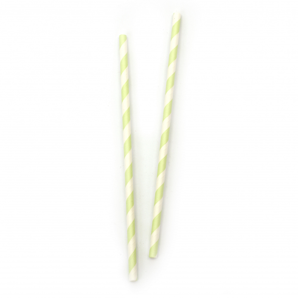 Paper Straws, 195x6 mm, Two-Tone Stripes, White and Green - 25 Pieces