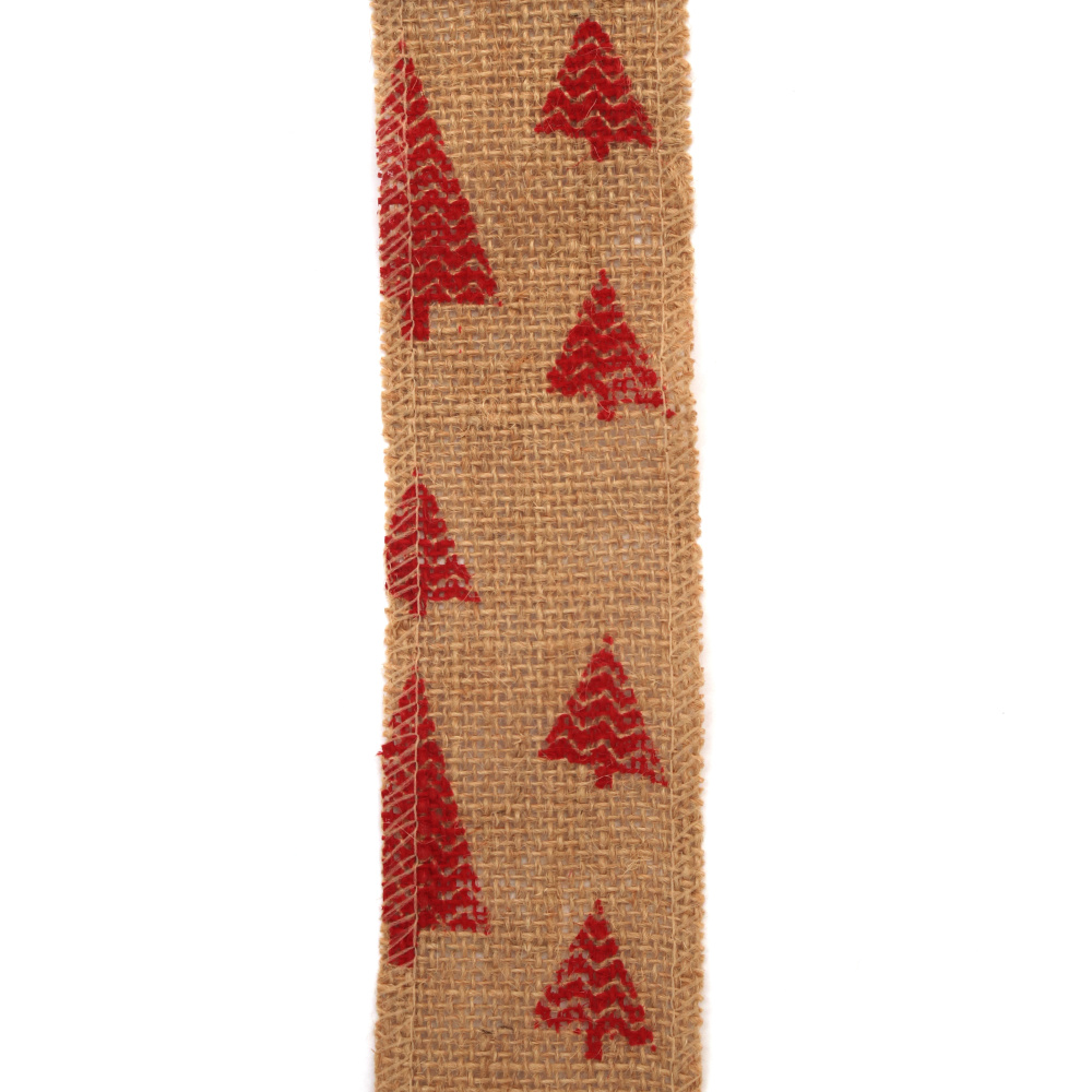 Burlap Ribbon for Decoration, with Red Christmas tree print, Size: 6x200 cm