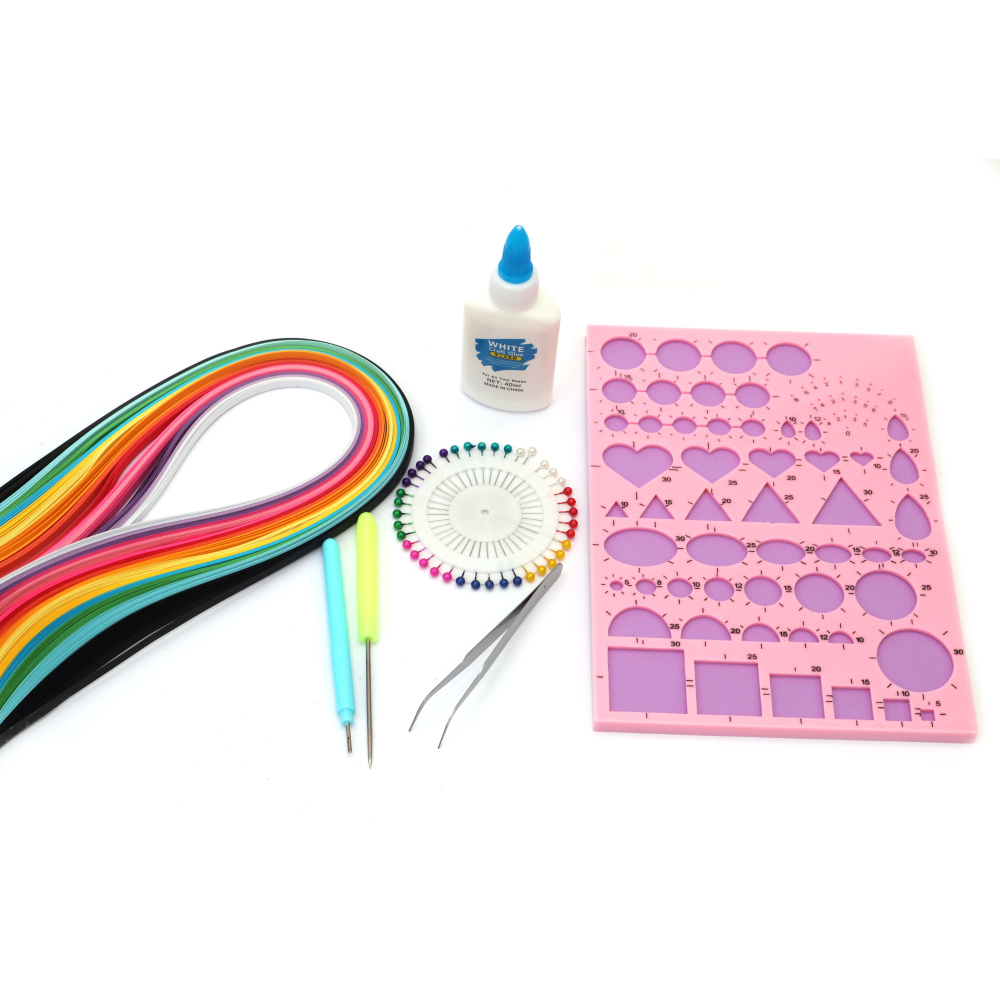 Kit pentru realizarea unei poze cu flori de quilling 30x22,5x2,5 cm - cadru de carton, șablon cu suport moale, awl, instrument de quilling, ace colorate 40 buc, pensete, lipici și benzi de quilling 5x520 mm 160 bucăți 15 culori