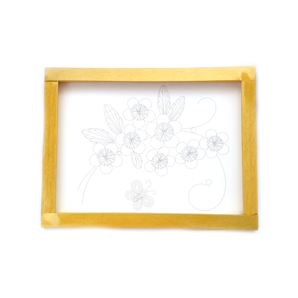 Kit pentru realizarea unei poze cu flori de quilling 30x22,5x2,5 cm - cadru de carton, șablon cu suport moale, awl, instrument de quilling, ace colorate 40 buc, pensete, lipici și benzi de quilling 5x520 mm 160 bucăți 15 culori