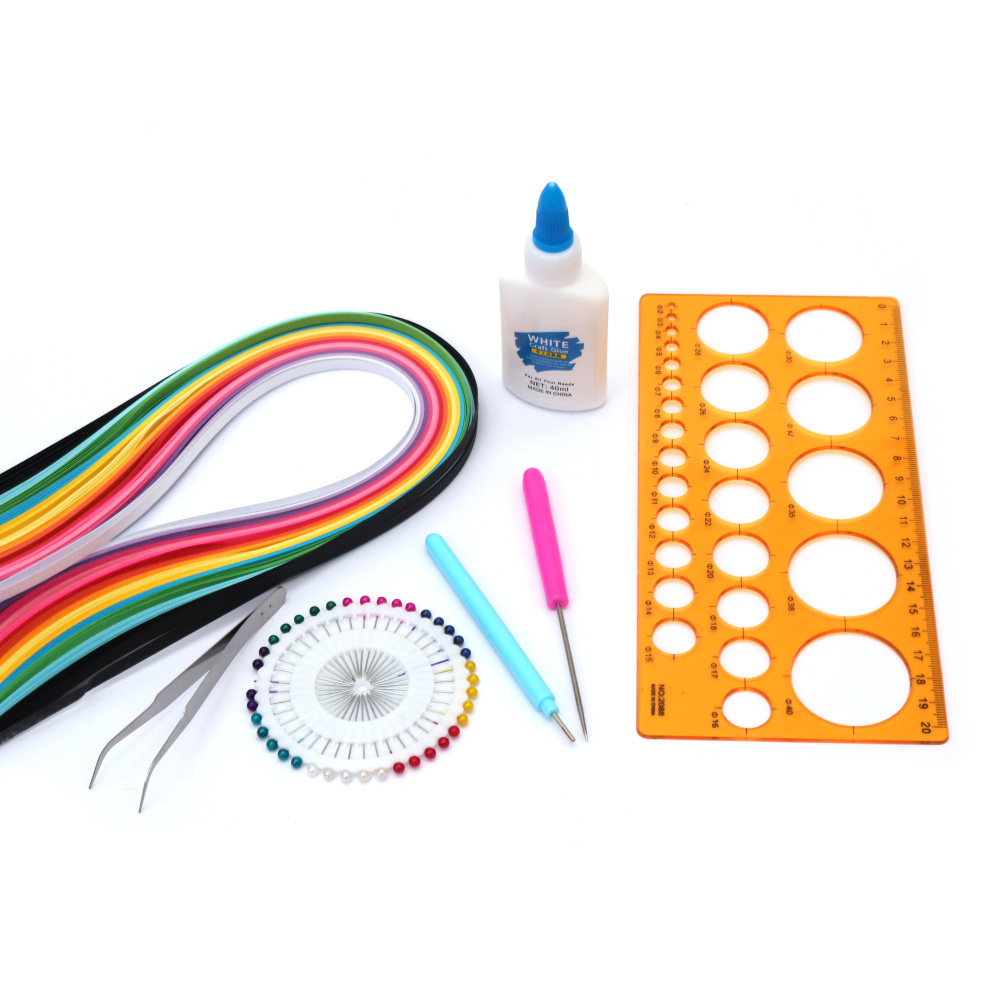 Creative Set for Making an Art Quilling Picture 30x22.5x2.5 cm - Includes cardboard frame, template, needle, quilling tool, 40 colorful pins, tweezers, glue, and 160 quilling strips 5x520 mm in 15 colors