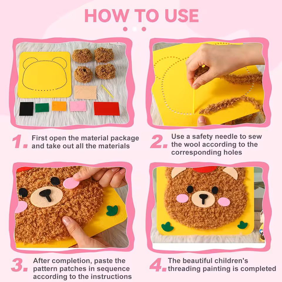 Cheerful DIY Children’s Felt Bag with Handles – Yellow with Teddy Bear Design for Creative Play