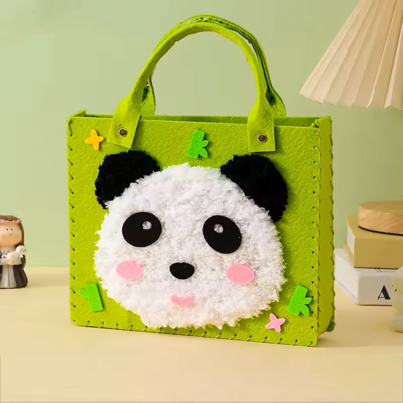 Playful DIY Children’s Felt Bag with Handles – Green with Panda Design for Creative Play