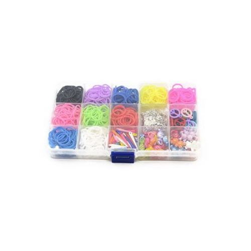 Set pentru  impletiti brățări de tricotat într-o cutie - benzi elastice ASORTE de 18 mm, 4 tipuri de pandantive inele din plastic și metal