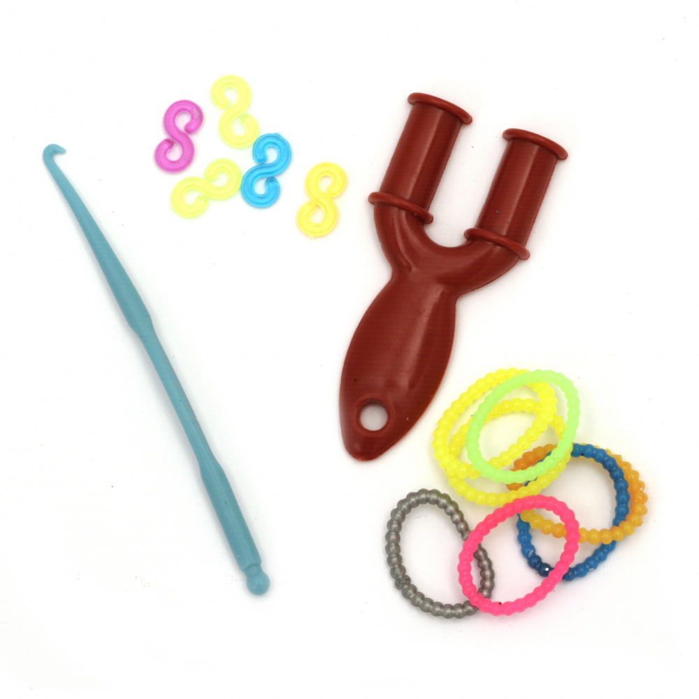 Loom Rubber Bands Knitting Set - 85mm Hook, 12 S-Brackets & ~ 270mm 18mm Transparent Milk Colors