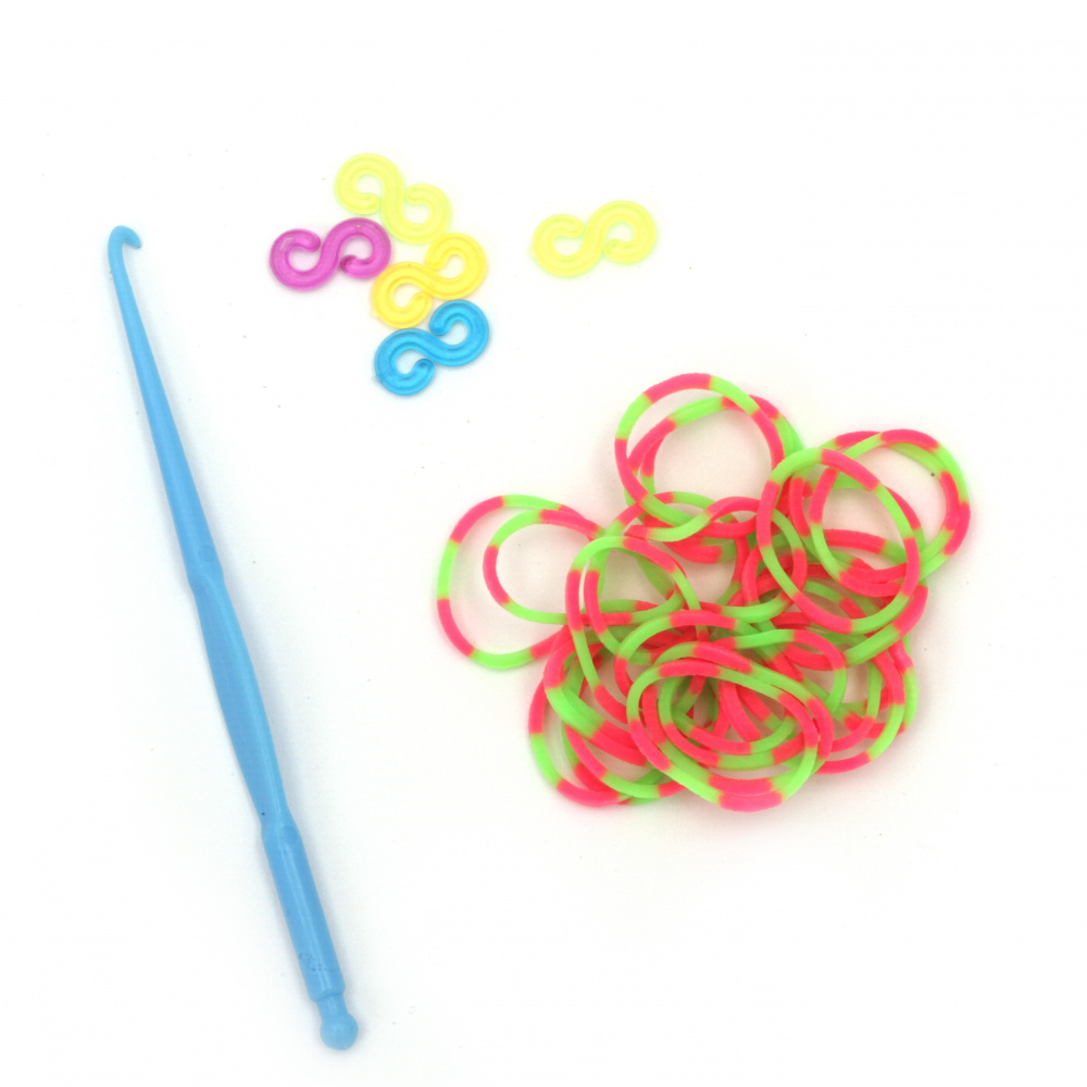 Loom Rubber Bands Kit - Hook: 85 mm, 12 S-clips and 270 Rubber Bands x 18 mm - Two-tone: Pink- Green