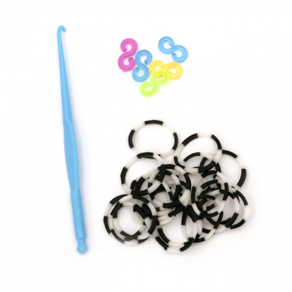 Loom Rubber Bands Kit - Hook: 85 mm, 12 S-clips and 270 Rubber Bands x 18 mm - Two-tone: Black-White