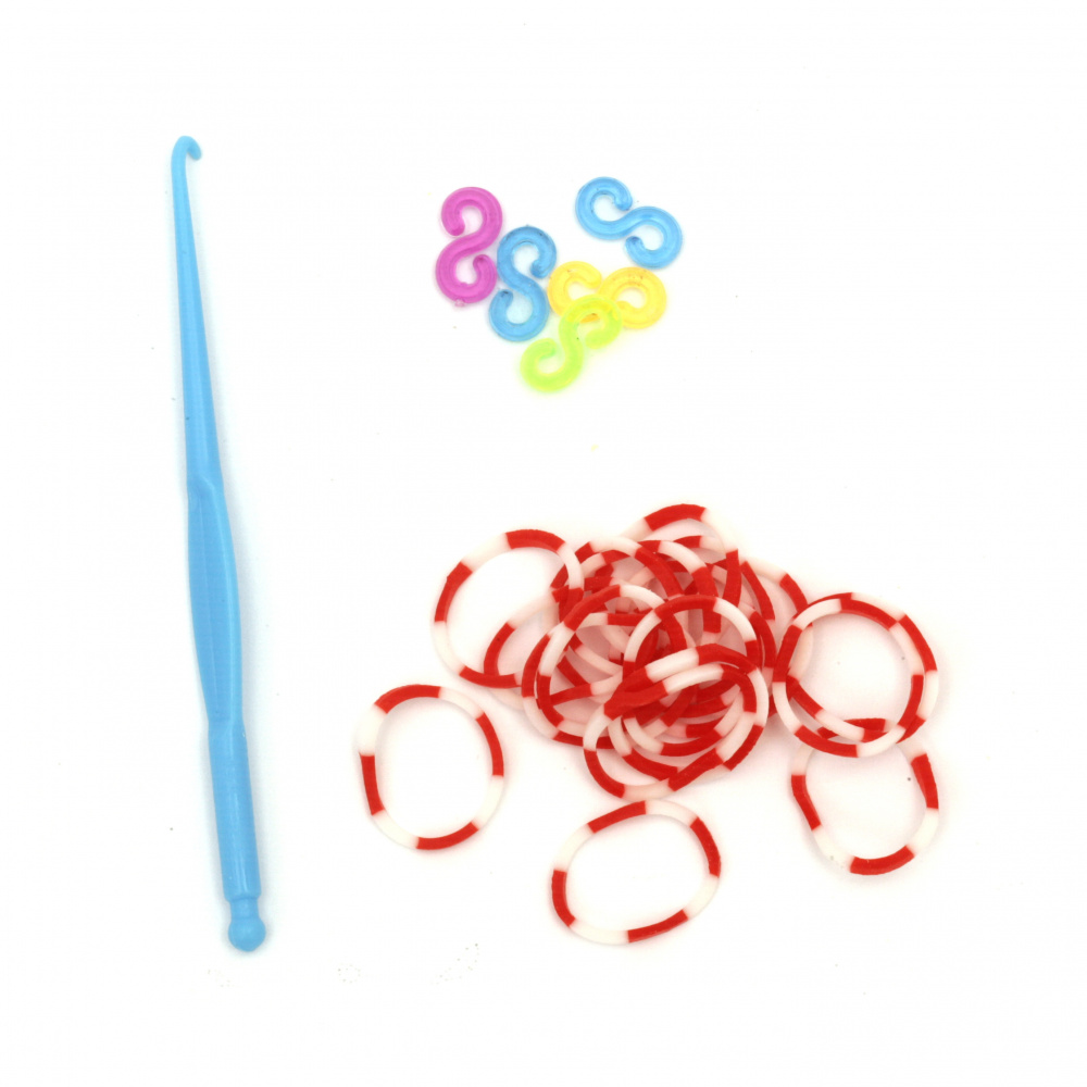 Loom Rubber Bands Kit - Hook: 85 mm, 12 S-clips and 270 Rubber Bands x 18 mm - Two-tone: Red-White