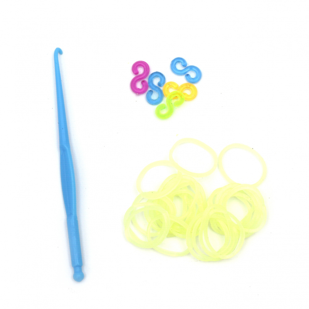 Loom Bracelet Making Kit - Hook: 85 mm, 12 pieces of S-clips and 270 pieces of Rubber Bands x 18 mm - Transparent Yellow