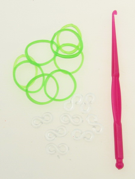 Loom Rubber Bands Set - Hook: 85 mm, 12 pieces of S-clips and 270 pieces of Rubber Bands x 18 mm - Transparent Electric Green