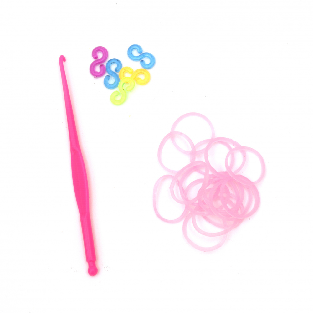 Loom Rubber Bands Set - Hook: 85 mm, 12 pieces of S-clips and 270 pieces of Rubber Bands x 18 mm - Transparent Pink