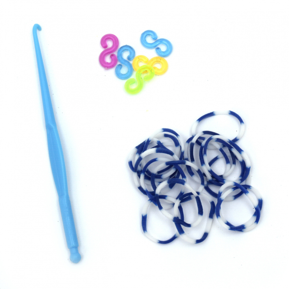 Комплект за плетене на гривни - кука 85 мм ,12 броя S-скоби и ~270 броя ластички 18 мм - плътни двуцветни синьо/бяло