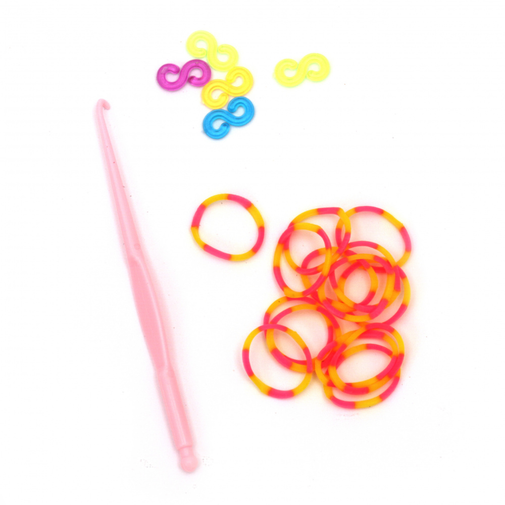 Loom Bracelet Making Kit for Weaving Craft - Hook: 85 mm, 12 S-clips and 270 Rubber Bands x 18 mm - Solid Two-tone: Yellow-Pink