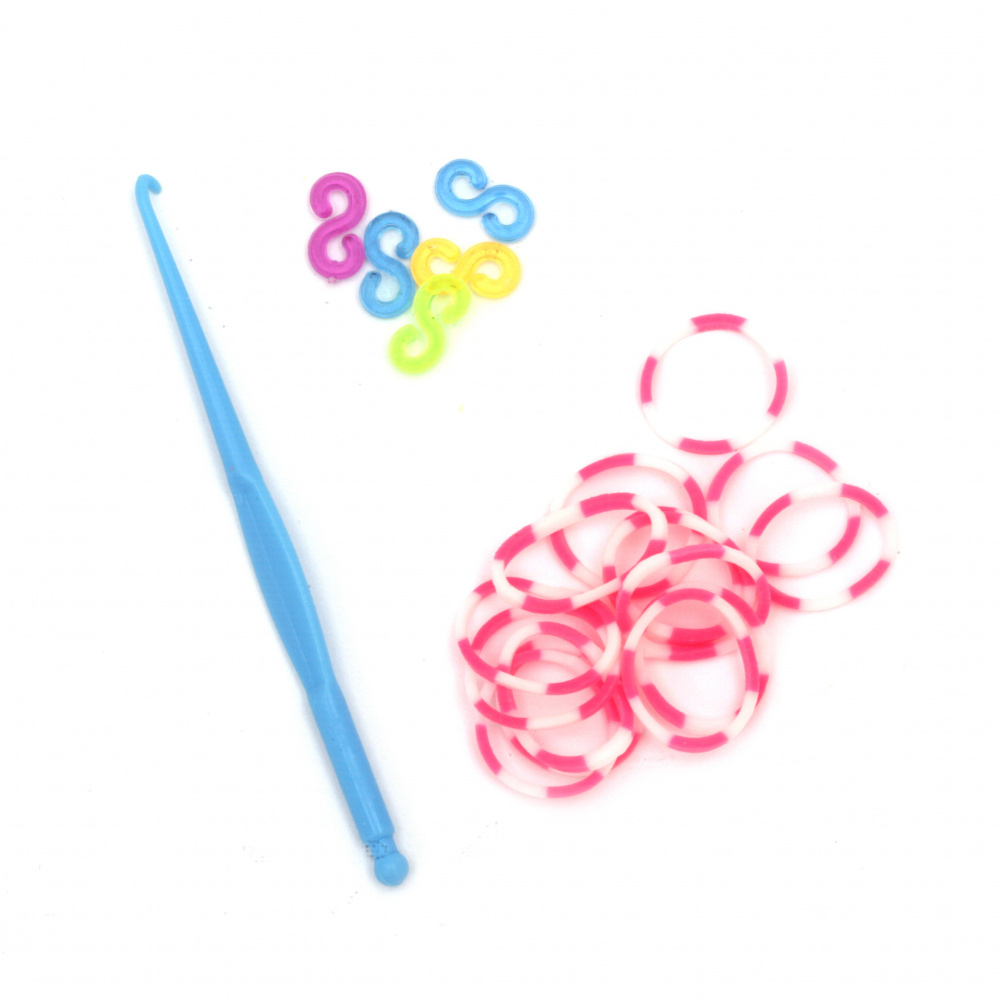 Loom Bracelet Making Kit for Weaving Craft - Hook: 85 mm, 12 S-clips and 270 Rubber Bands x 18 mm - Solid Two-tone: White-Pink