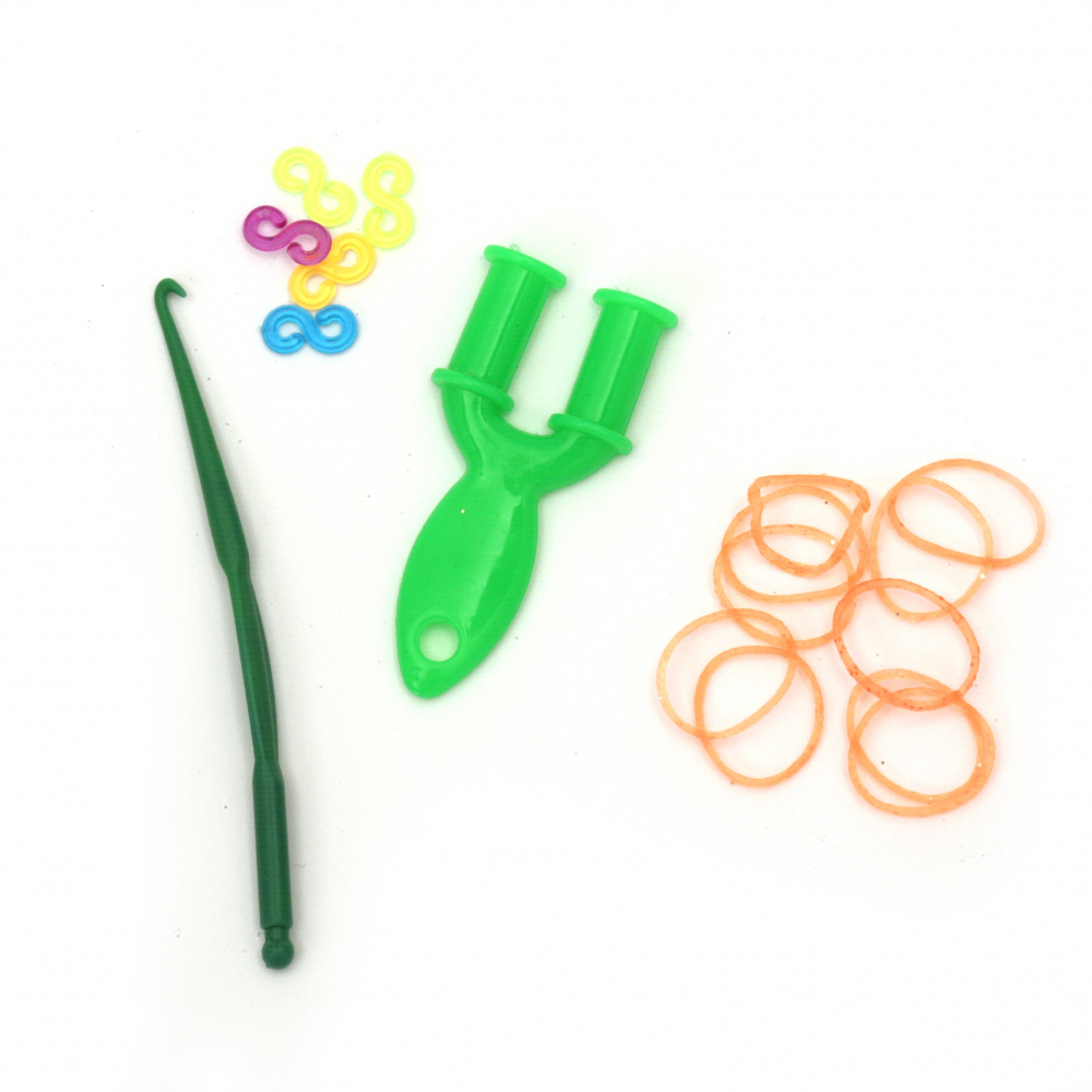 Loom Bands Set - Hook: 85 mm, 12 pieces of S-clips and 270 pieces of Elastic Bands x 18 mm - Transparent Orange