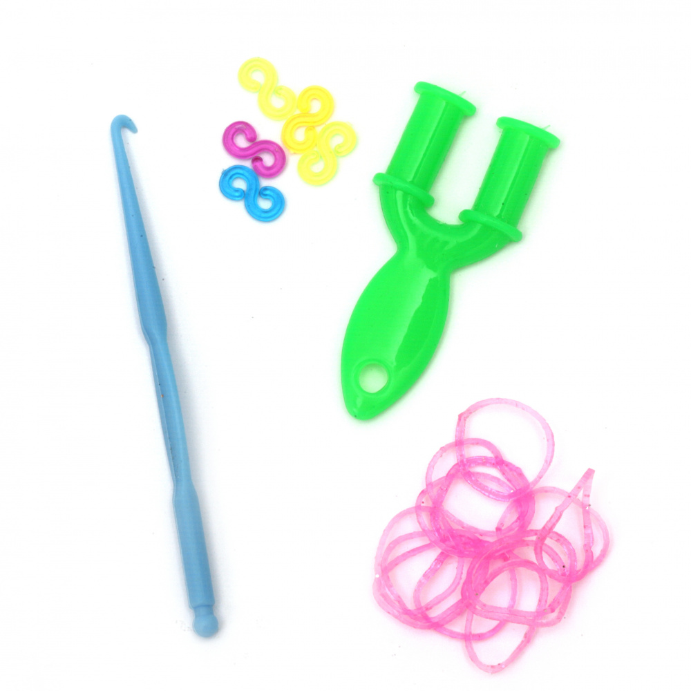 Loom Bracelet Craft Kit - Hook: 85 mm, 12 pieces of S-clips and 270 pieces of Elastic Bands x 18 mm - Transparent Pink