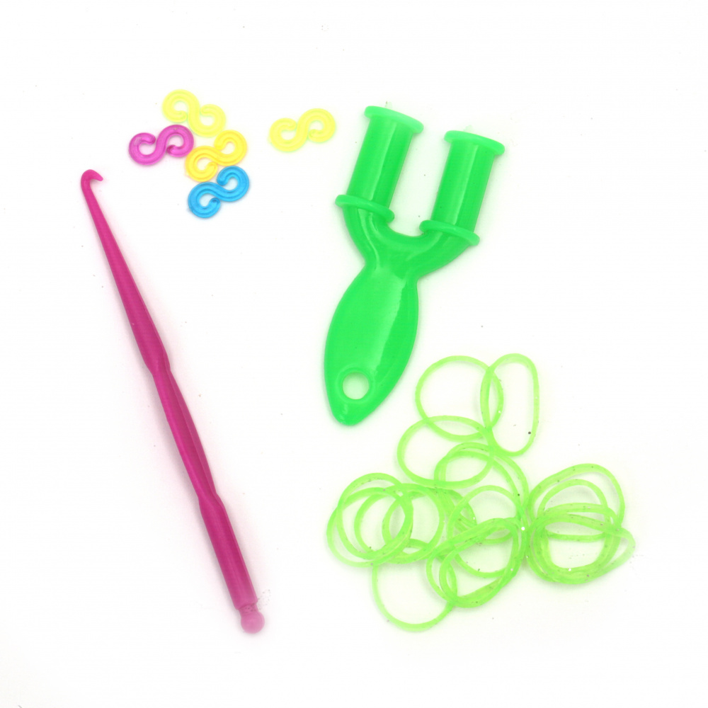 Loom Bracelet Making Kit - Hook: 85 mm, 12 pieces of S-clips and 270 pieces of Elastic Bands x 18 mm - Transparent Green