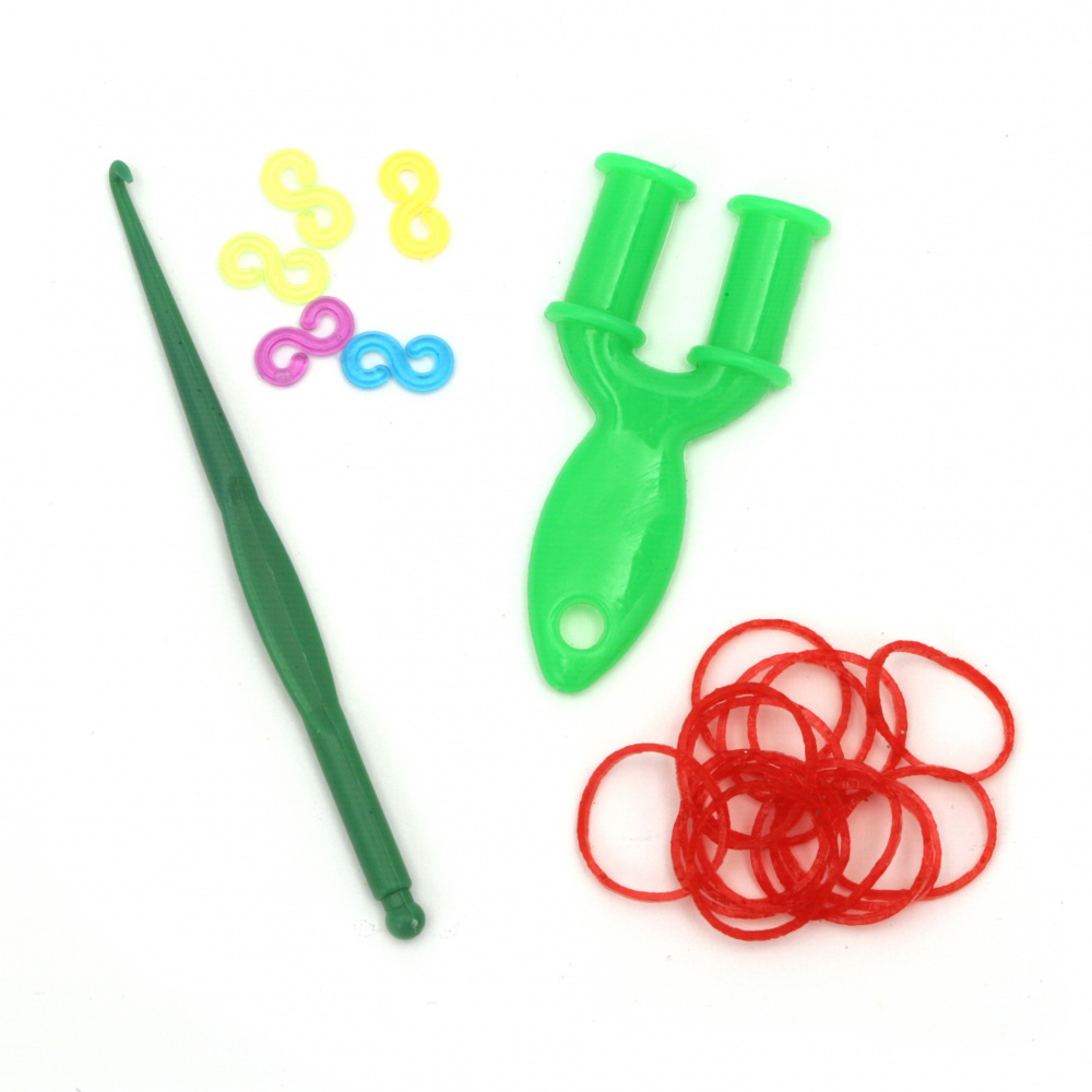 Loom Rubber Band Refill Kit - Hook: 85 mm, 12 pieces of S-clips and 270 pieces of Rubber Bands x 18 mm - Transparent Red