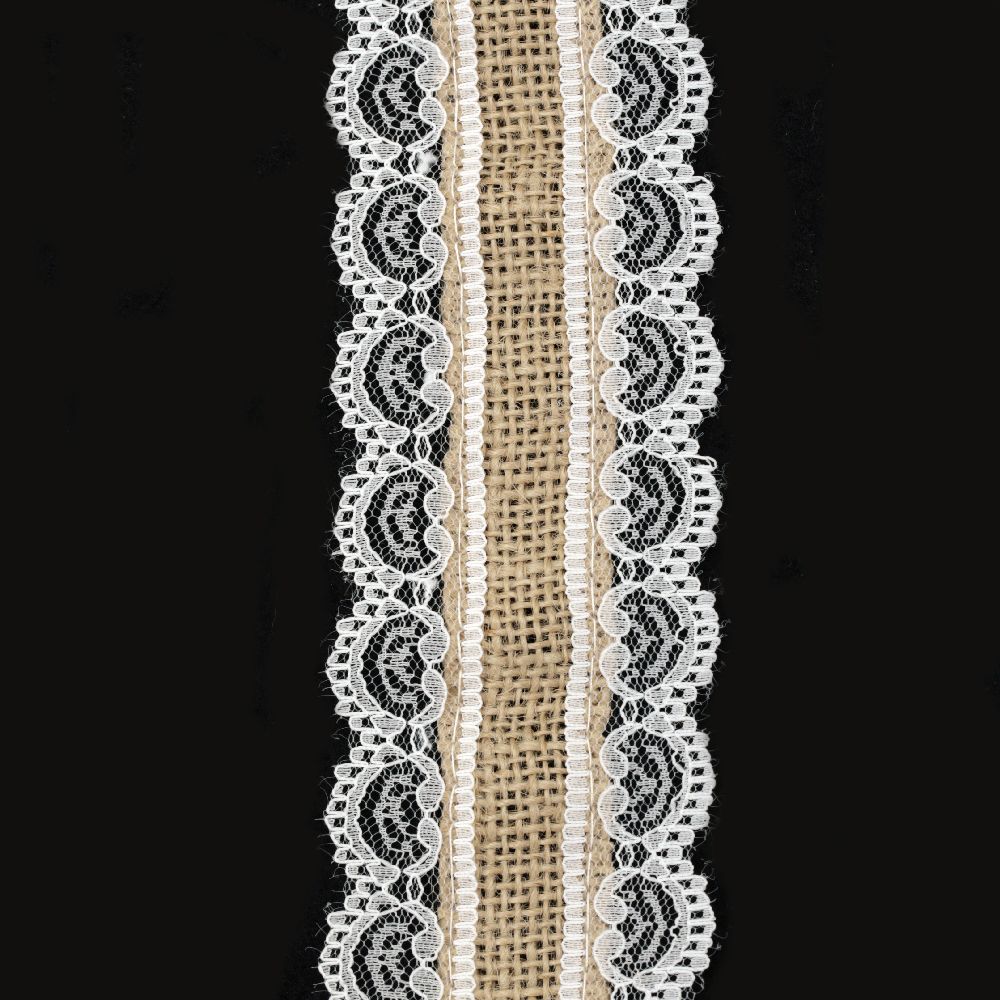 Base for Application: White Hemp Fabric Ribbon with Lace, 6x200 cm