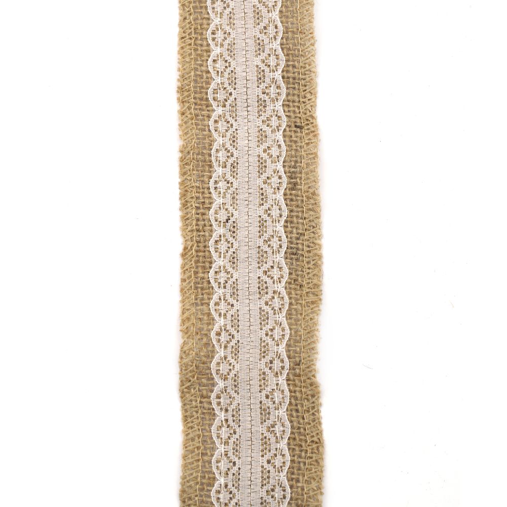 Natural Jute Burlap Ribbon Roll with White Lace for DIY Crafts Wedding Decoration Handmade 5x200 cm 