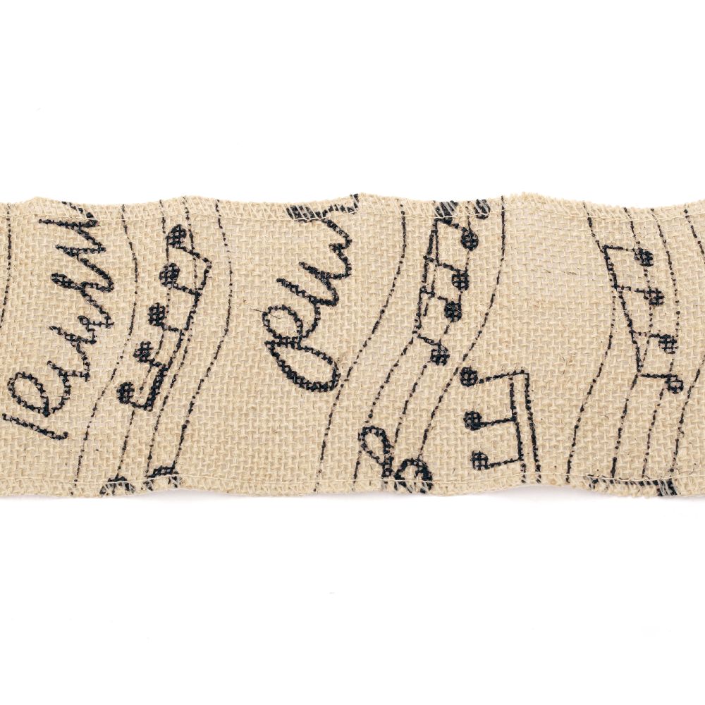 Hemp Fabric Ribbon for Decoration, Music Notes Print, 10x100 cm