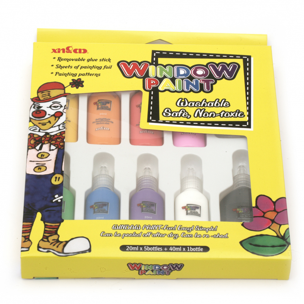 Set for painting on glass 8 colors x 20 ml, 1 color x 40 ml, book with patterns and transfer foil