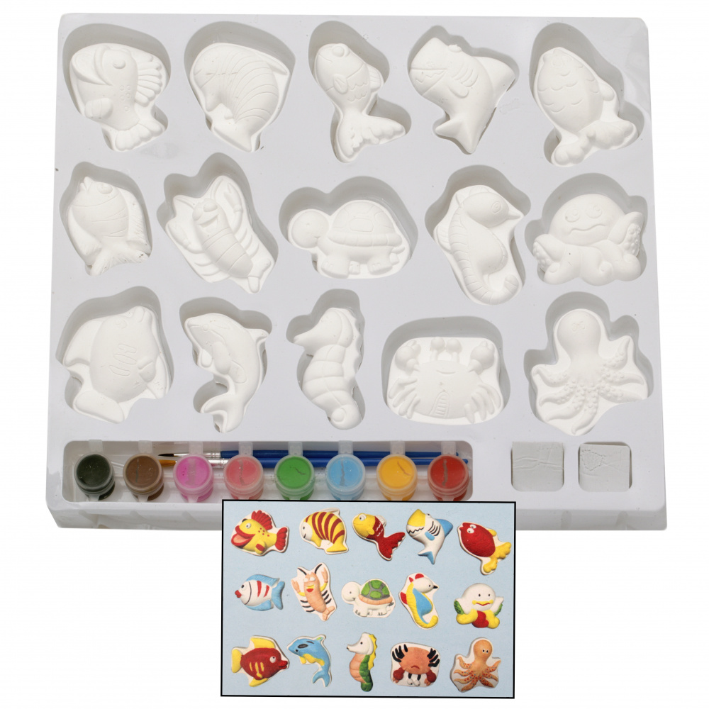 Drawing kit 15 pieces of gypsum figurines with paints and 2 brushes