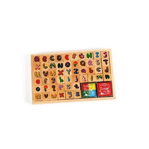 Alphabet / Set of Wooden Stamps: 20x20 mm with 5 Colors of Ink Pads - 4 colors: 17x17 mm, 1 color: 34x34 mm