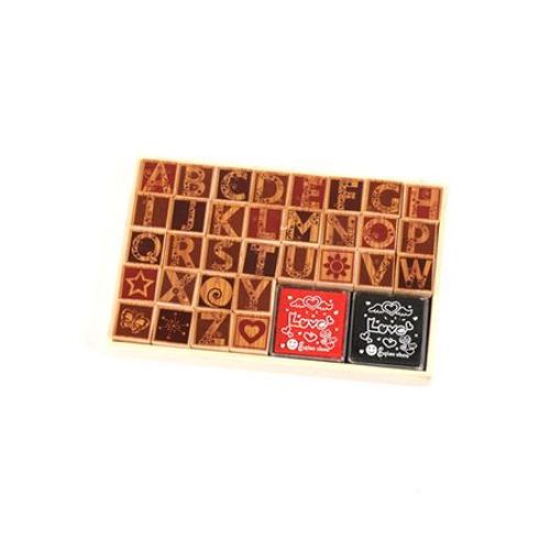 Set de timbre din lemn litere majuscule 34 buc 20x20 mm cu 2 culori tampoane de cerneala 34x34 mm