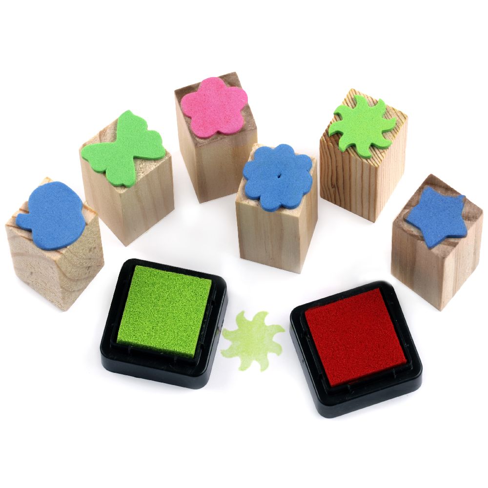 Set of ASSORTED Wooden Stamps / 6 pieces: 20x20 mm, 2 Colors Ink Pads: 24x24 mm