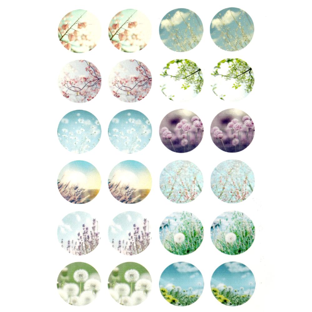Non-Adhesive Paper Sticker for Cabochon Decoration, Mixed Flowers, 18mm, 24 pcs