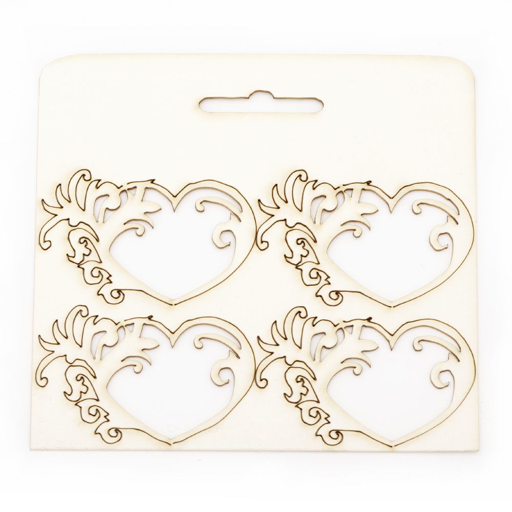 Set of elements of chipboard hearts with ornaments, delicate laser cut 4.5x7 cm