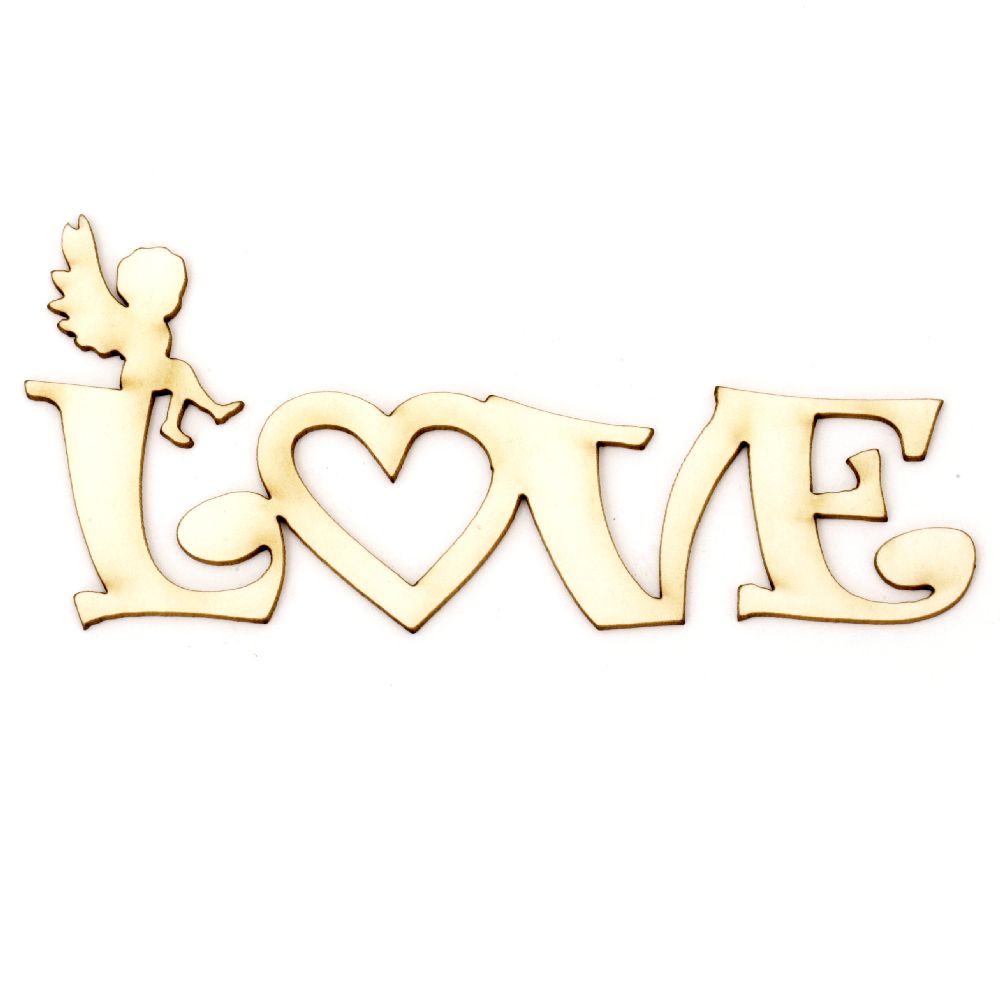 Chipboard inscription "Love" with small angel 100x40x1 mm - 2 pieces