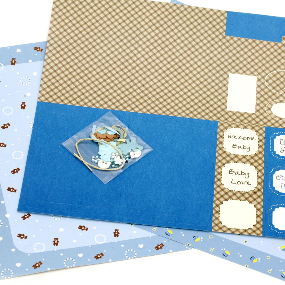 Scrapbook set for decoration Baby Boy -2 pieces of designer paper 12x12 inch, 1 piece of punched shapes, accessories