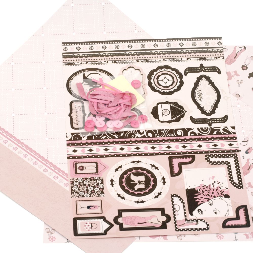 Scrapbook Decoration Set -2 Hârtie de design 12x12 Inch, 1 Forme de timbre, Accesorii