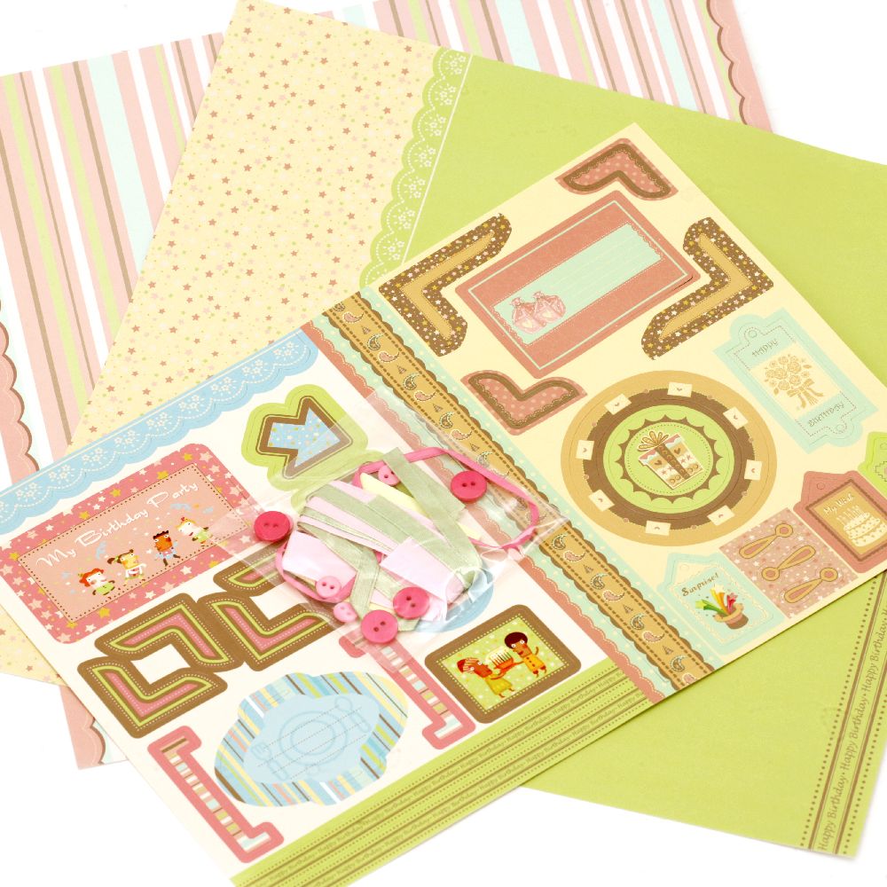 Scrapbook Decoration Set Birthday -2 Designe Paper 12x12 Inch, 1 Forms Stamp, Accesorii