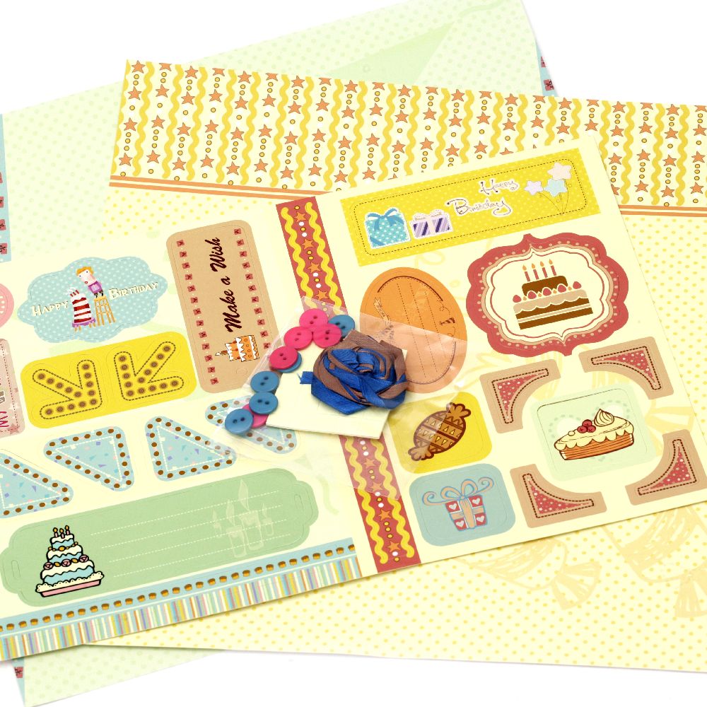 Scrapbook set for decoration My Wish -2 pieces of designer paper 12x12 inch, 1 piece of punched shapes, accessories