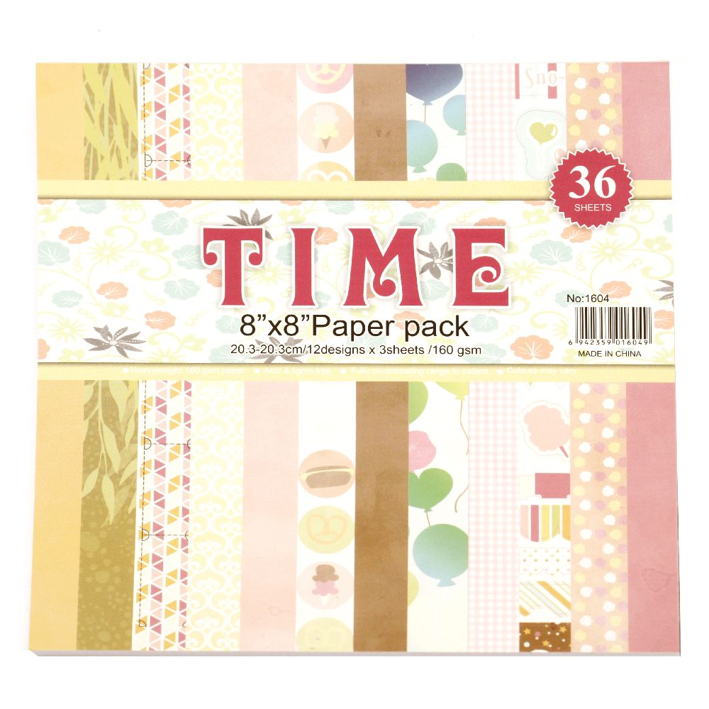 Pack of Designer Scrapbook Paper / 8 inch (20.3x20.3 cm); 12 Designs x 3 sheets