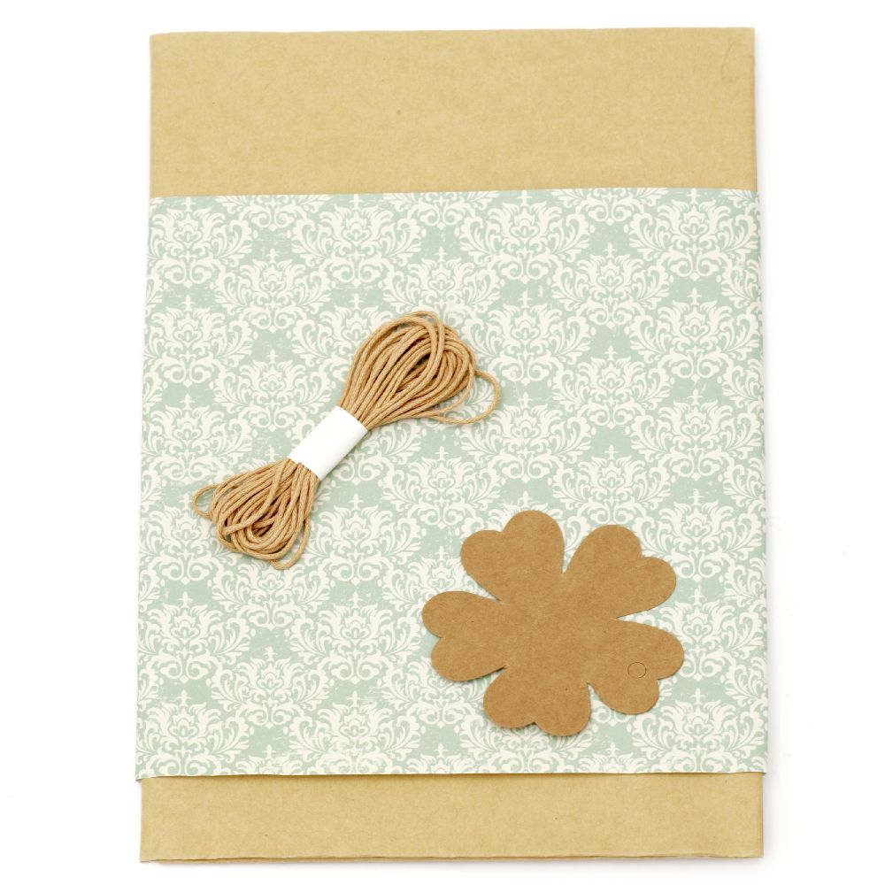 Gift wrapping set - kraft paper 50x70 cm, designer paper with ornaments green 50x18 cm, cotton cord 3 meters, tag clover - brown