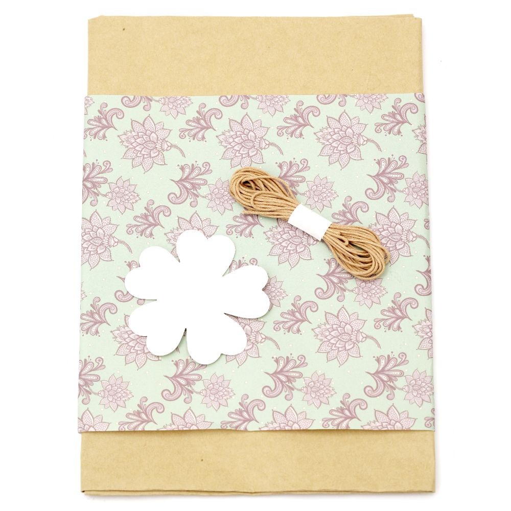 Gift wrapping set - kraft paper 50x70 cm, designer paper with purple flowers 50x18 cm, cotton cord 3 meters, tag clover - white