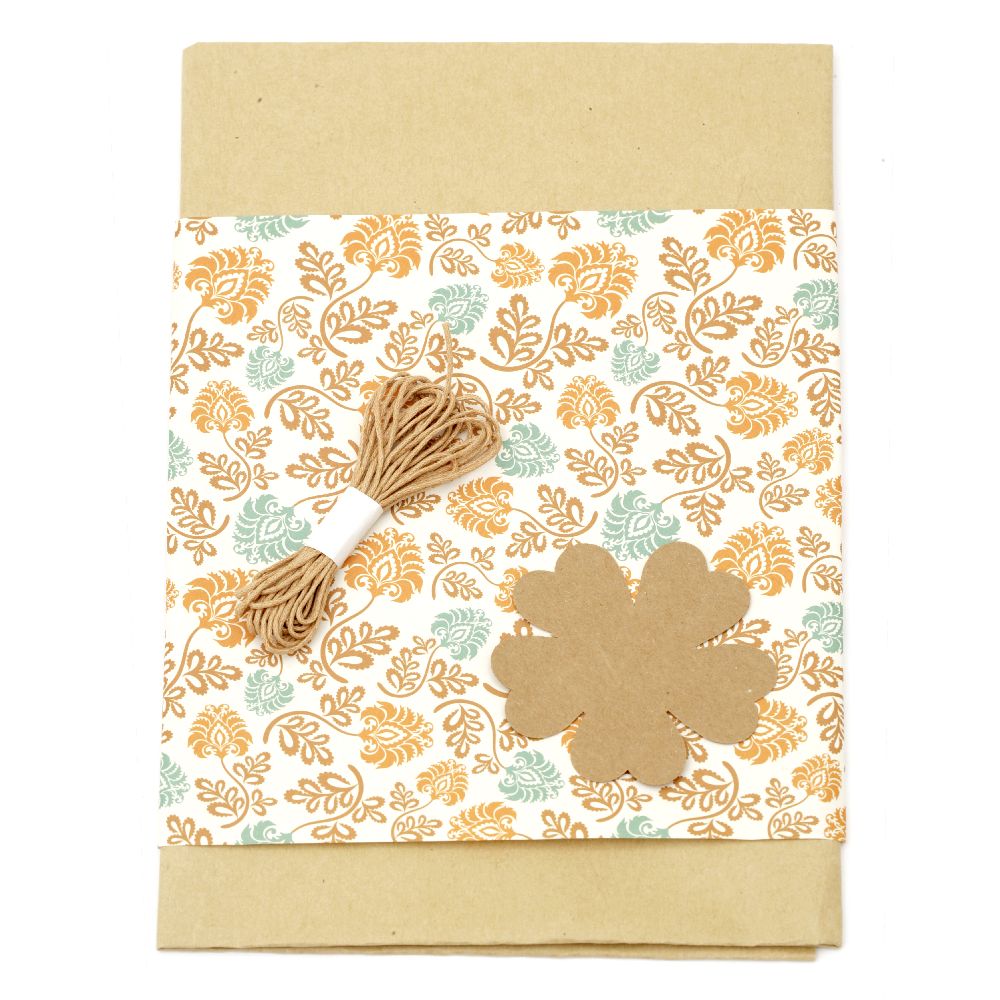 Gift wrapping set - kraft paper 50x70 cm, designer paper white with flowers 50x18 cm, cotton cord 3 meters, tag clover - brown
