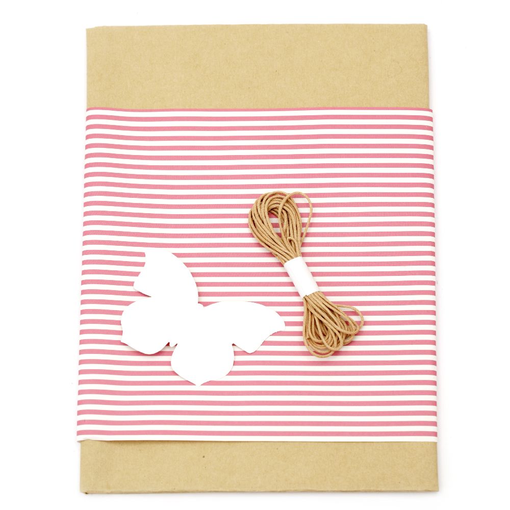Gift wrapping set - kraft paper 50x70 cm, designer paper striped white and pink 50x18 cm, cotton cord 3 meters, tag butterfly