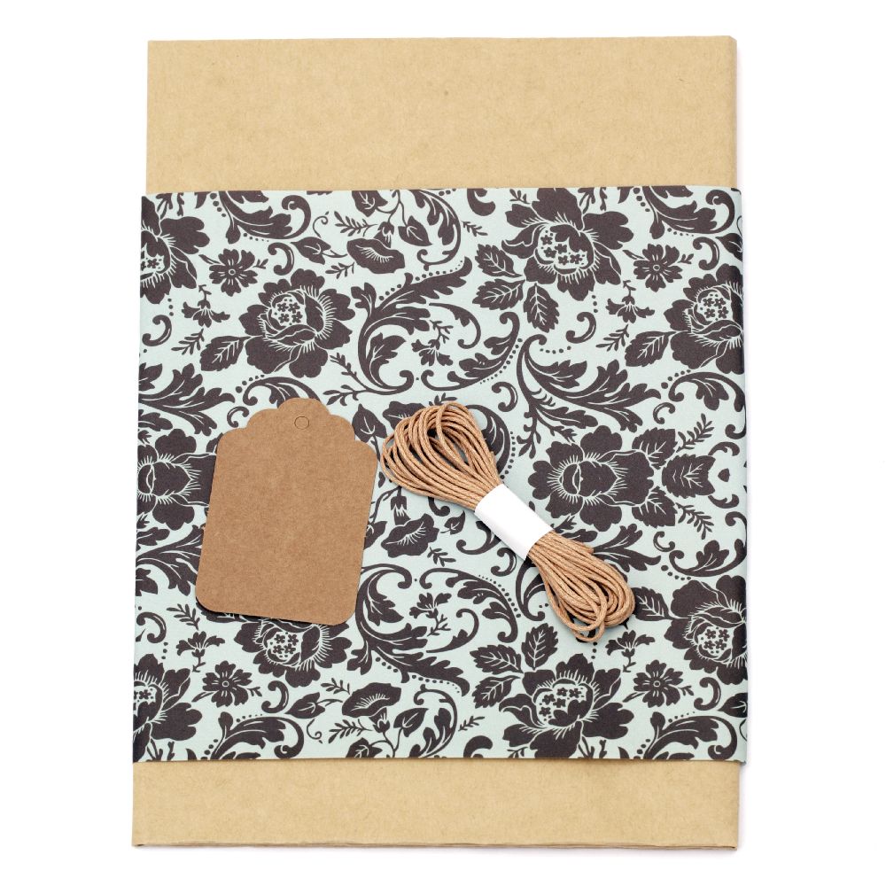 Gift wrapping set - kraft paper 50x70 cm, designer paper with black flowers 50x18 cm, cotton cord 3 meters, rectangular tag 1 piece