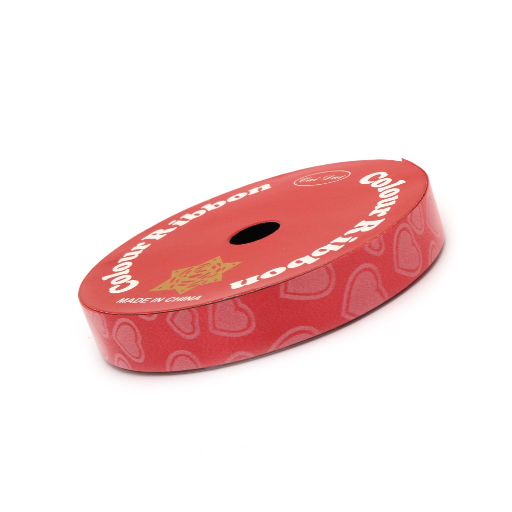 Decorative ribbon, 16 mm, red with printed hearts - 9 meters