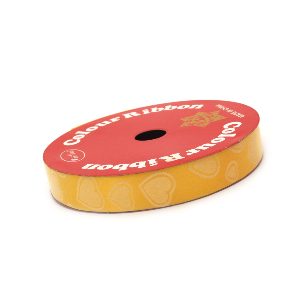 Decorative ribbon, 16 mm, yellow with printed hearts - 9 meters