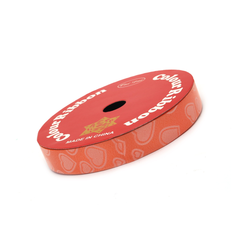 Decorative ribbon, 16 mm, orange with printed hearts - 9 meters