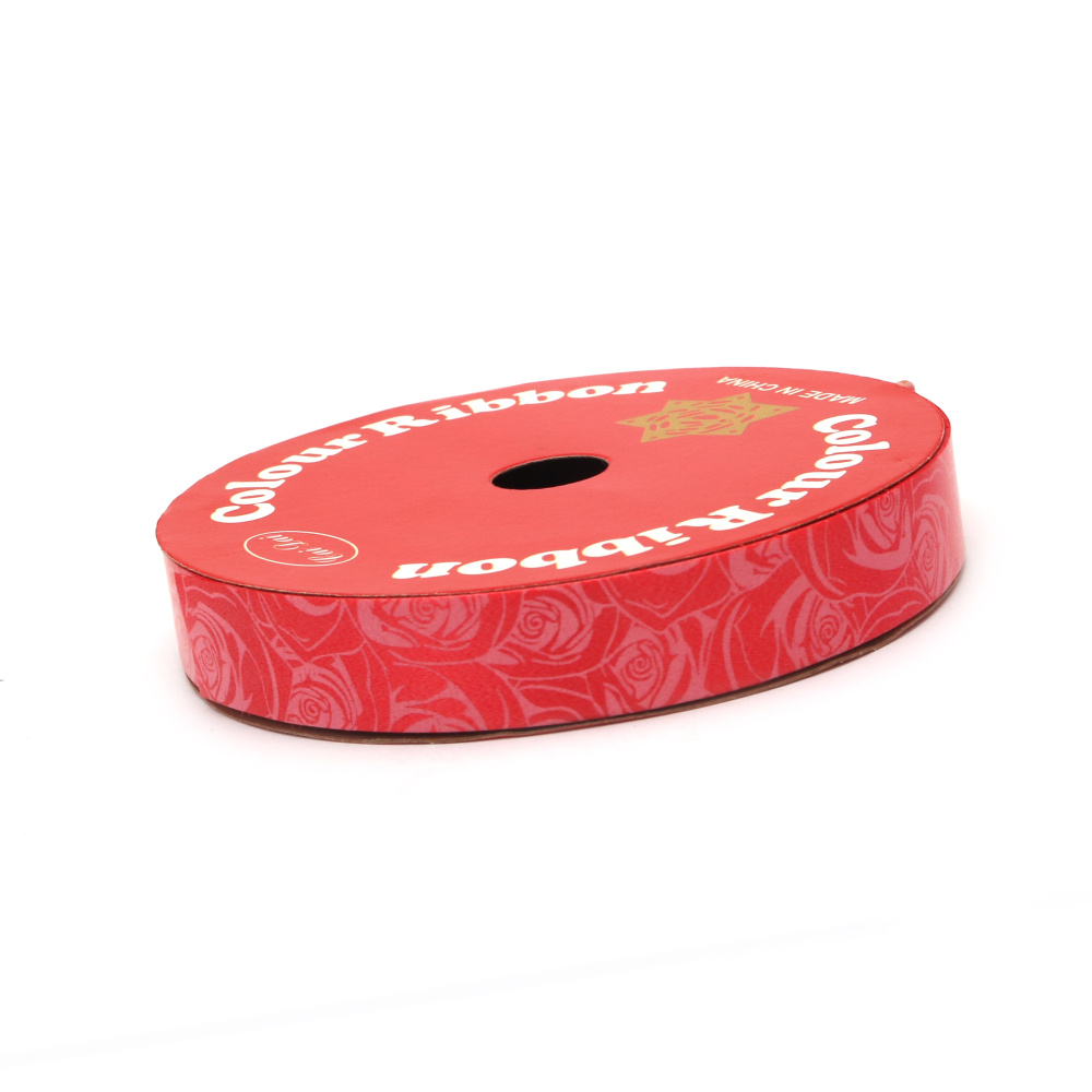 Decorative ribbon, 16 mm, red color with printed roses - 9 meters