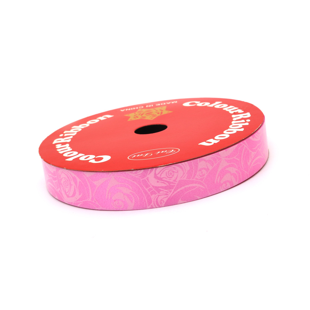 Decorative ribbon, 16 mm, pink with rose print - 9 meters