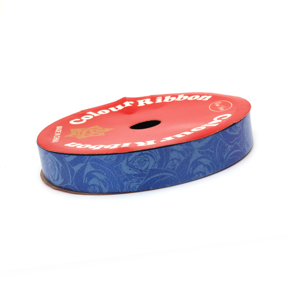 Decorative ribbon, 16 mm, blue with rose print - 9 meters