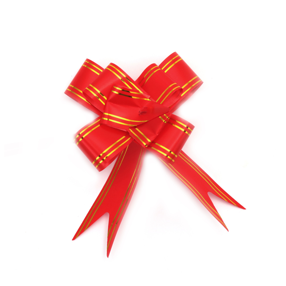 Decorative Pull Bow Ribbon, 460x29 mm, in Red Color with Gold Lines - 10 pieces